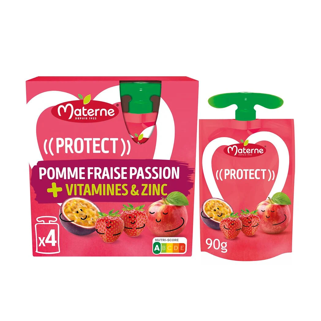 MATERNE Protect Apple Strawberry Passion Fruit Compotes + Vitamins and Zinc 4x90g