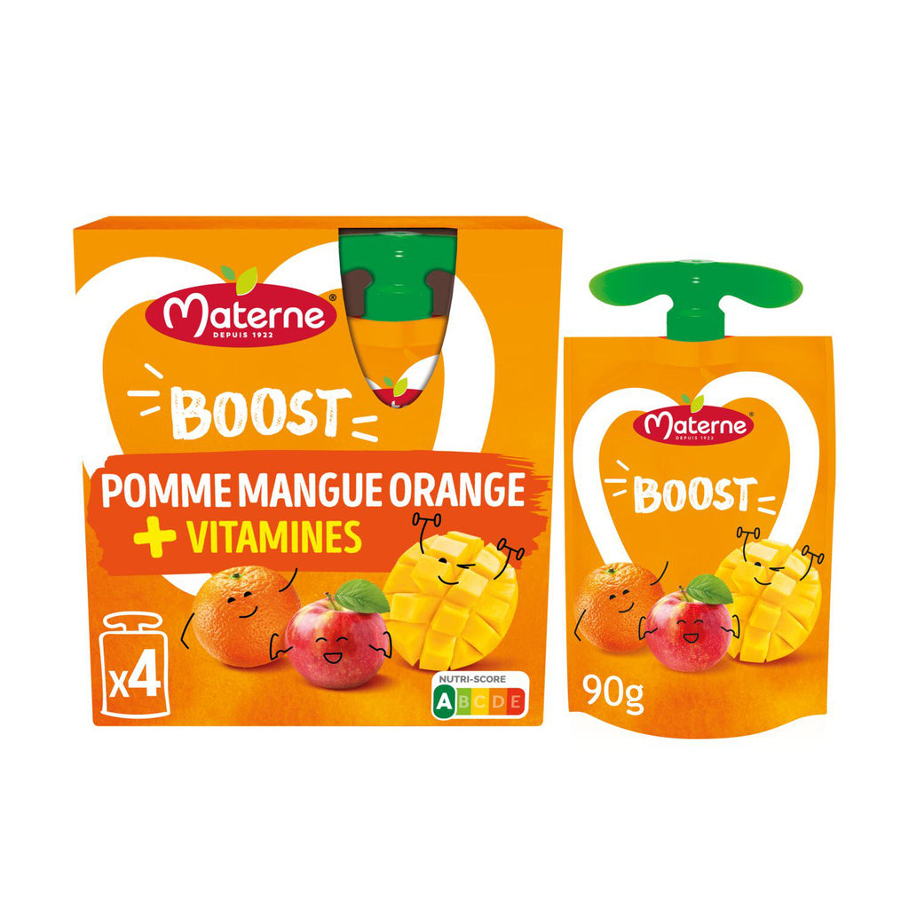MATERNE Boost Apple Mango Orange Fruit Compotes + Multivitamins 4x90g