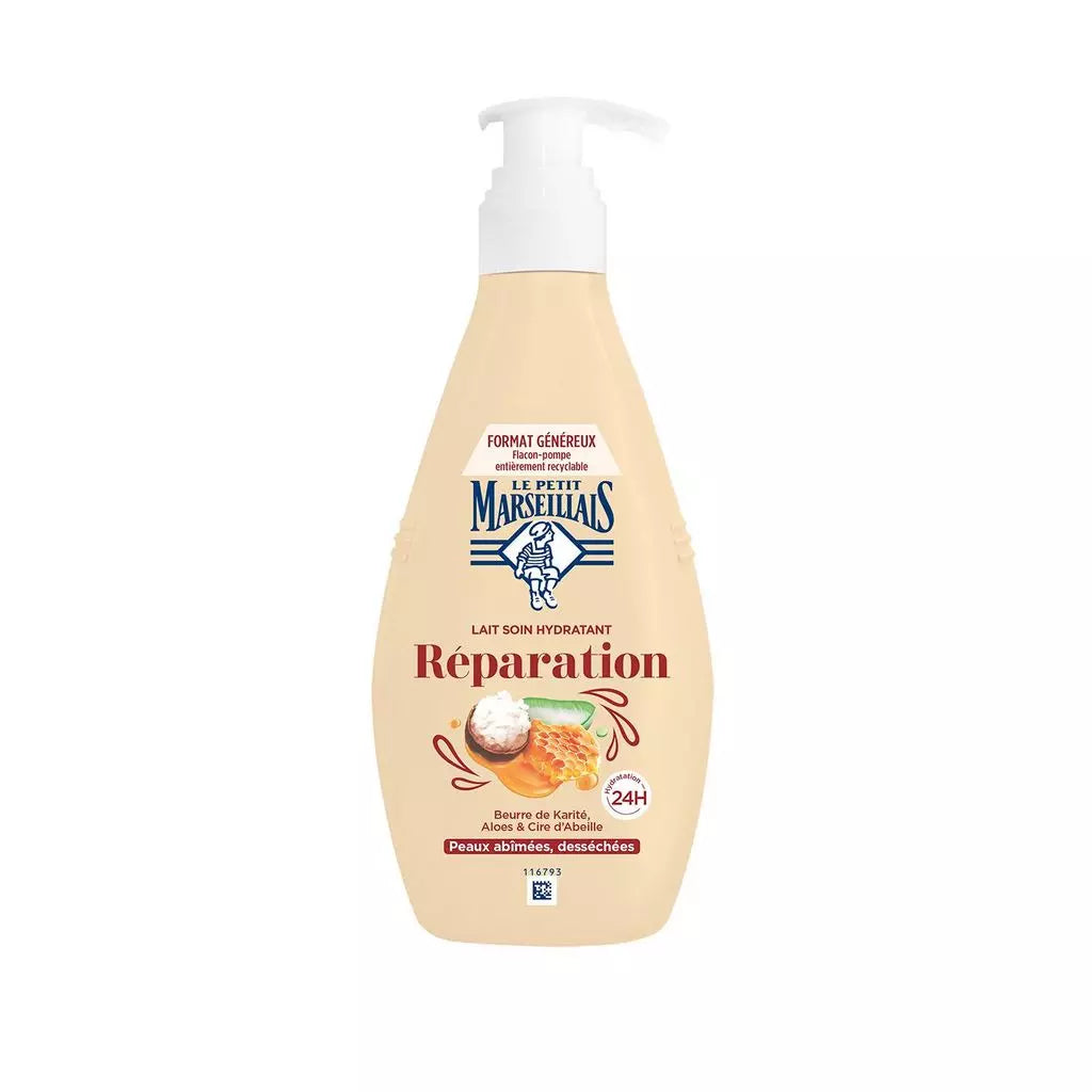 Lait de soin hydratant 24h LE PETIT MARSEILLAIS au beurre de karité, aloès et cire d'abeille pour peaux sèches et abîmées 400 ml