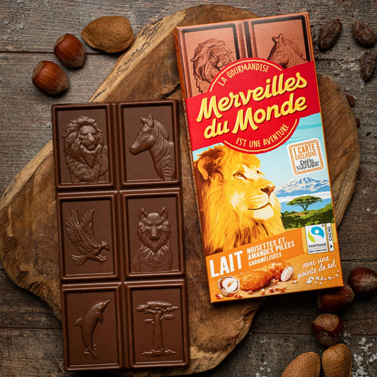 MERVEILLES DU MONDE Milk Chocolate Bar with a Hint of Salt, Hazelnuts and Crushed Almonds 100g