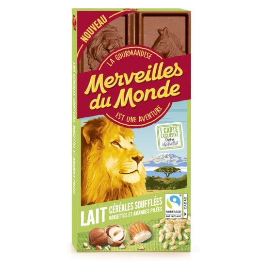 MERVEILLES DU MONDE Milk Chocolate Bar with Puffed Cereals, Hazelnuts and Almonds 100g