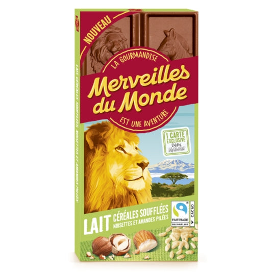 MERVEILLES DU MONDE Milk Chocolate Bar with Puffed Cereals, Hazelnuts and Almonds 100g