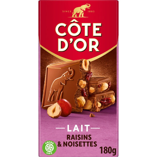 Chocolat au lait CÔTE D’OR aux raisins secs et noisettes entières 180g