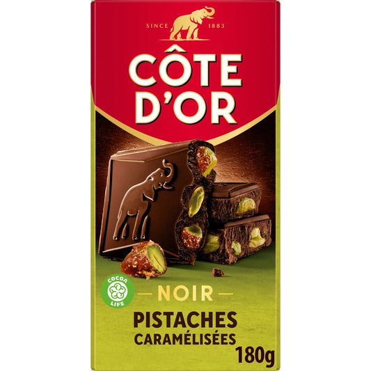 Tablette de chocolat noir Côte d'Or aux pistaches caramélisées 180g