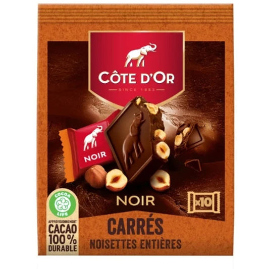 Carrés de chocolat noir CÔTE D’OR aux noisettes entières, 10 pièces – 200g