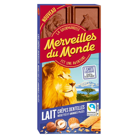 MERVEILLES DU MONDE Milk Chocolate Bar with Lace Crepes, Hazelnuts and Crushed Almonds 100g