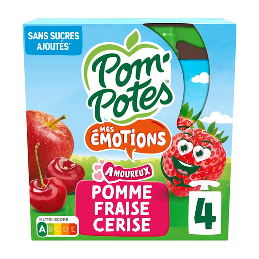 POM'POTES Compotes gourdes Mes émotions Amoureux - pomme Fraise Cerise 4x90g