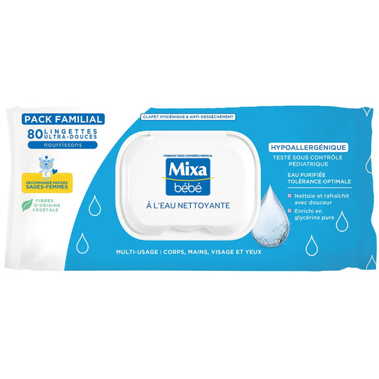 MIXA Bébé - Lingettes ultra-douces hypoallergénique multi-usage à l'eau nettoyante x80