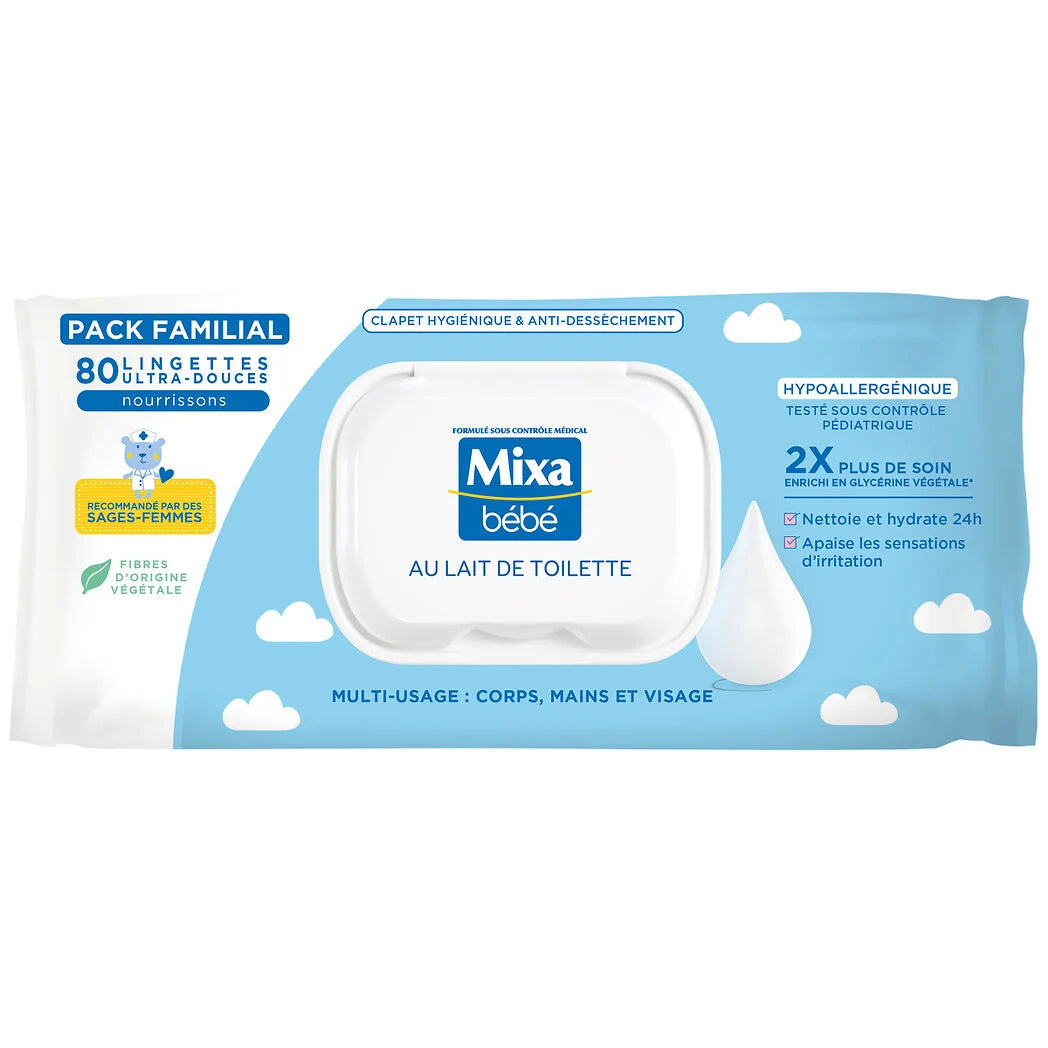 MIXA Bébé - Lingettes ultra-douce hypoallergénique multi-usage au lait de toilette x80