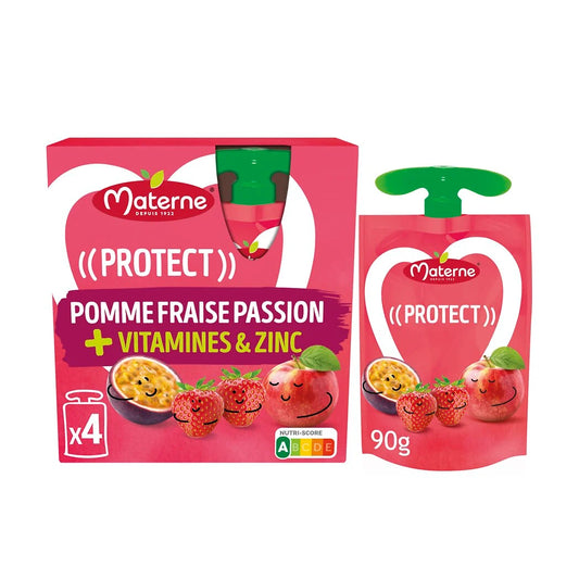 MATERNE Protect Apple Strawberry Passion Fruit Compotes + Vitamins and Zinc 4x90g