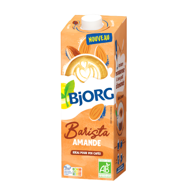 Boîte de Bjorg Barista Amande sur fond vert