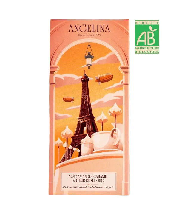 ANGELINA Organic Dark Chocolate Bar with Almonds, Caramel and Fleur de Sel 100g