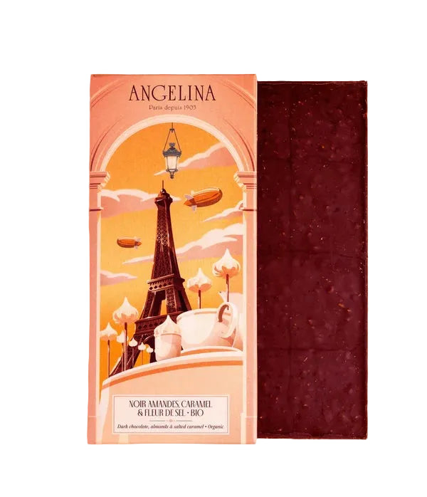 ANGELINA Organic Dark Chocolate Bar with Almonds, Caramel and Fleur de Sel 100g