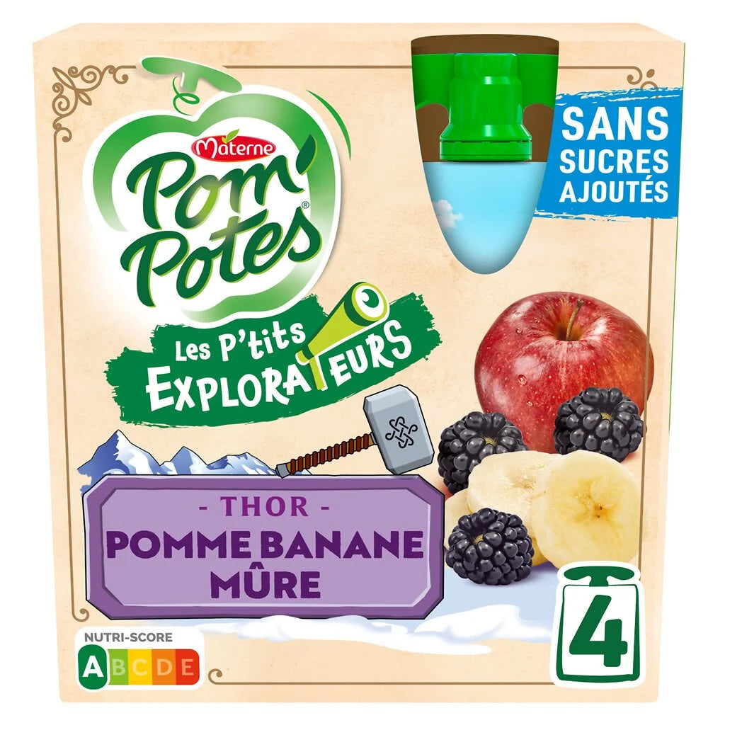 POM'POTES Fruchtpürees Die kleinen Entdecker Thor Apfel-Banane-Brombeere 4x90g