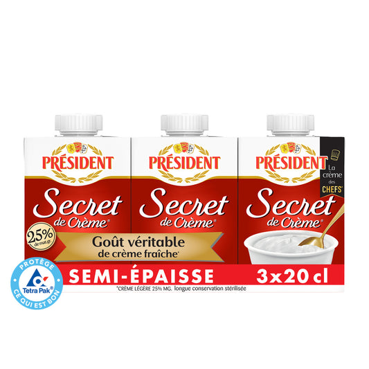 Creme de Leite UHT PRESIDENT Semi-Espesso Secret de Crème 25% Gordura 3x200ml