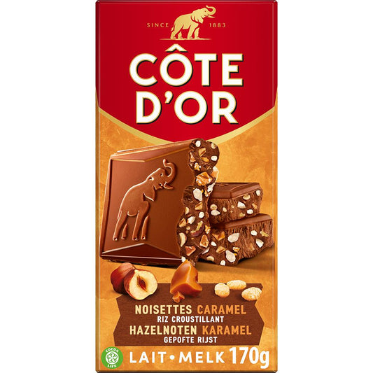 Tablette de chocolat au lait Côte d'Or aux noisettes, caramel et riz croustillant 170g