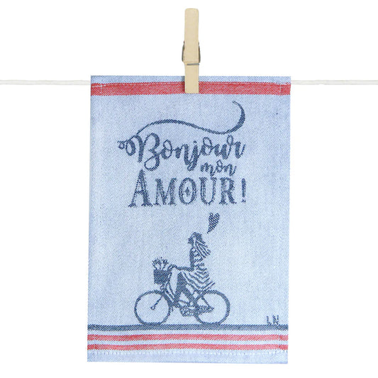 Paño de cocina "Bonjour mon amour" para niña, tejido por Maison Moutet