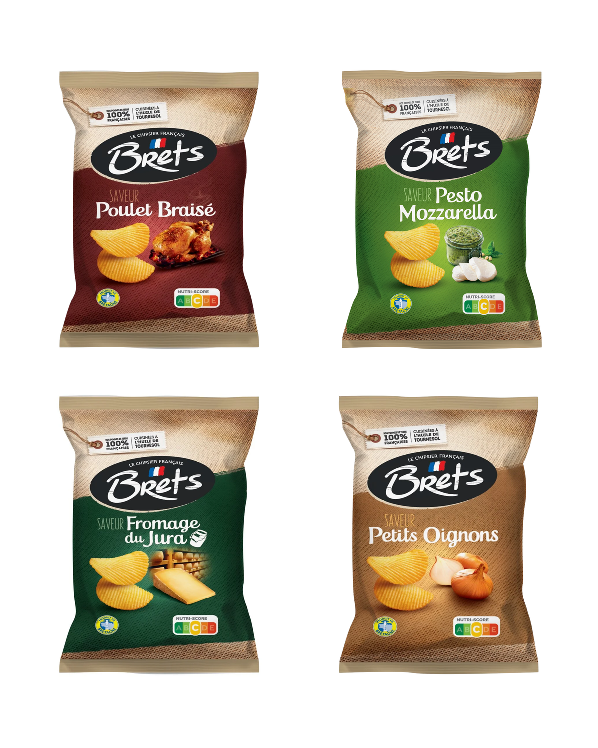 Lot de 4 paquets de chips BRETS 125g (Poulet Braisé, Pesto Mozzarella, Fromage du Jura, Petits Oignons)