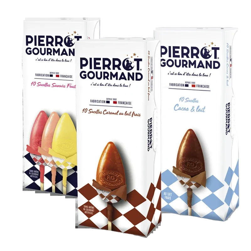 PIERROT GOURMAND Lot de 3 étuis de sucettes ; caramel au lait frais, saveurs fruits et cacao lait