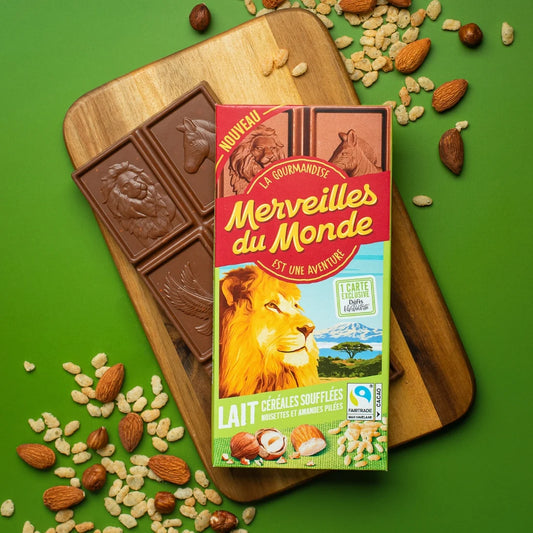 MERVEILLES DU MONDE Milk Chocolate Bar with Puffed Cereals, Hazelnuts and Almonds 100g