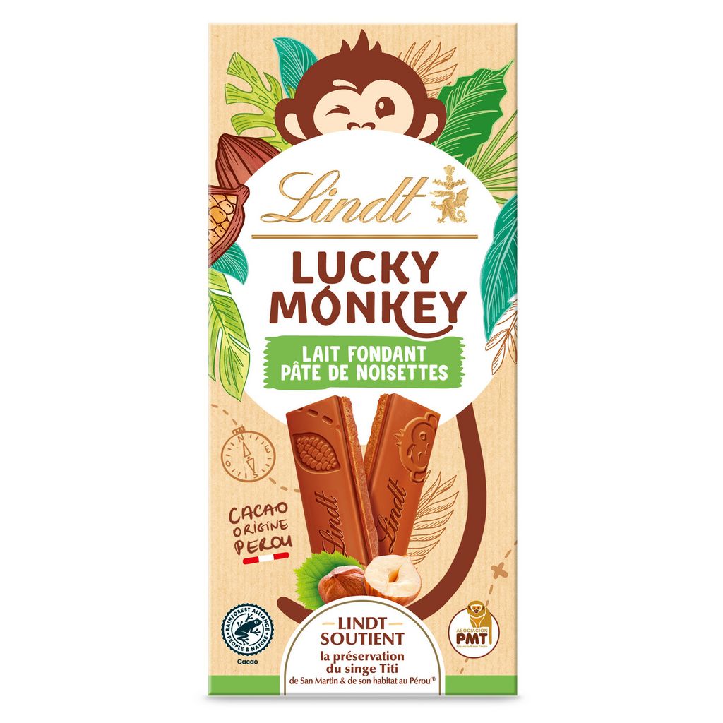 LINDT Glücklicher Affe Milchschokolade Tafel mit Haselnusscreme 100g