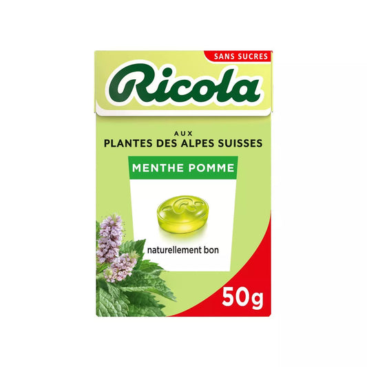 Pastillas de caramelo RICOLA sin azúcar sabor a manzana y menta con edulcorantes 50g