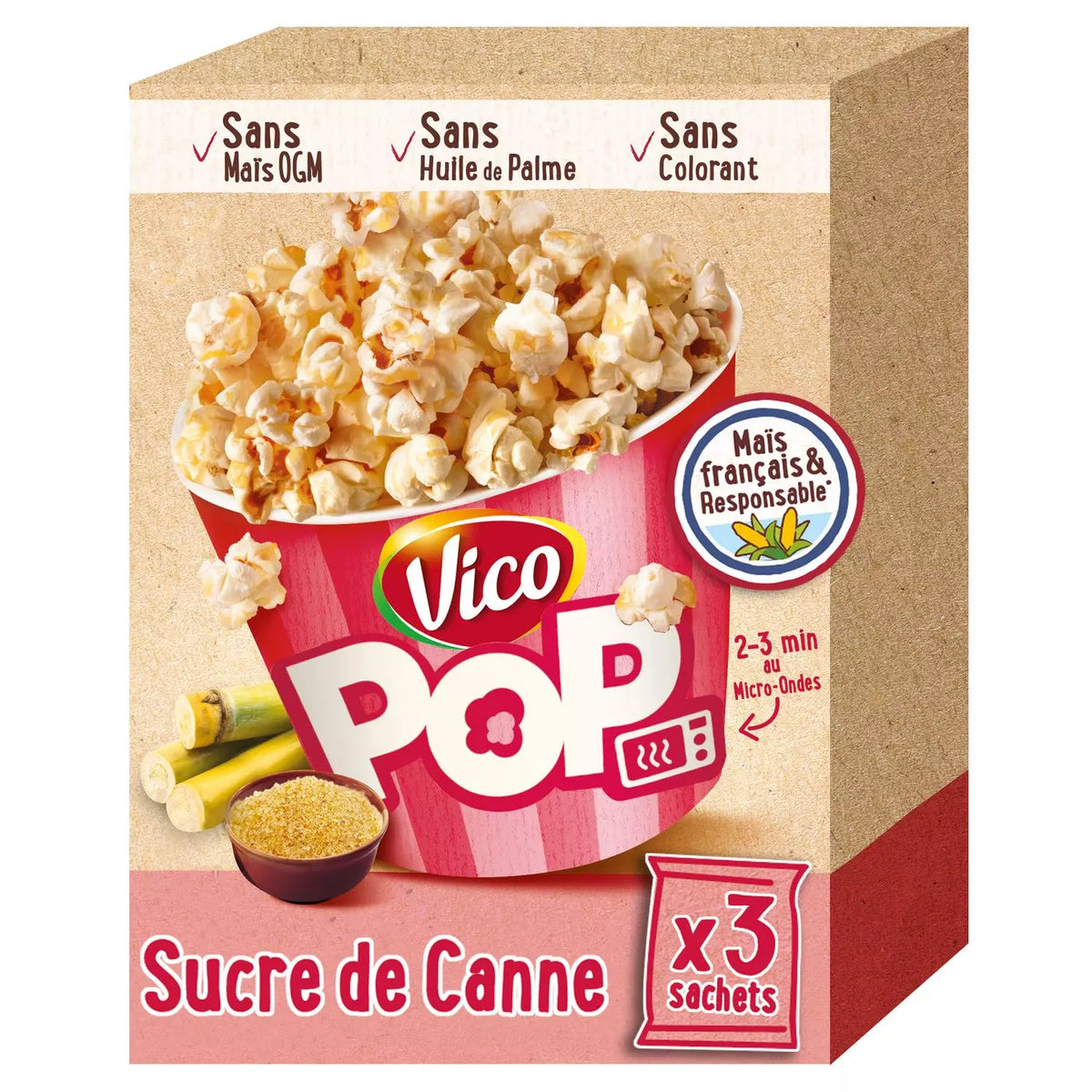 Pop-corn au sucre de canne VICO – 3x80g (240g au total)