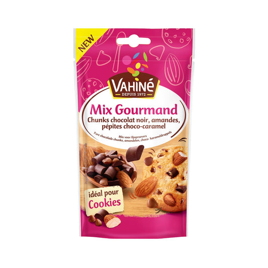 Mix Gourmet VAHINE de Gotas de Chocolate Amargo, Amêndoas e Chips de Chocolate com Caramelo 100g – Mix Crocante para Confeitaria