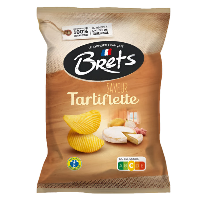 A package of BRETS Chips Tartiflette, featuring images of chips, cheese, and lardons, with the text '100% Frites', 'Savoir Tartiflette', and 'Bret's' branding.