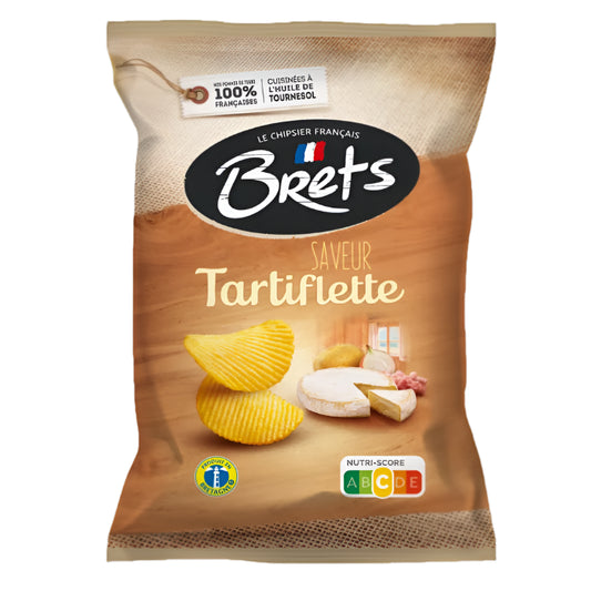 A package of BRETS Chips Tartiflette, featuring images of chips, cheese, and lardons, with the text '100% Frites', 'Savoir Tartiflette', and 'Bret's' branding.