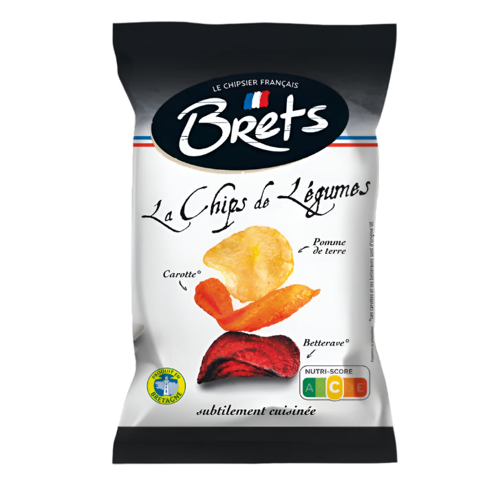 Un paquet de chips de légumes de la marque BRETS, présentant des images de chips et de divers légumes comme des carottes et des pommes de terre sur le devant.