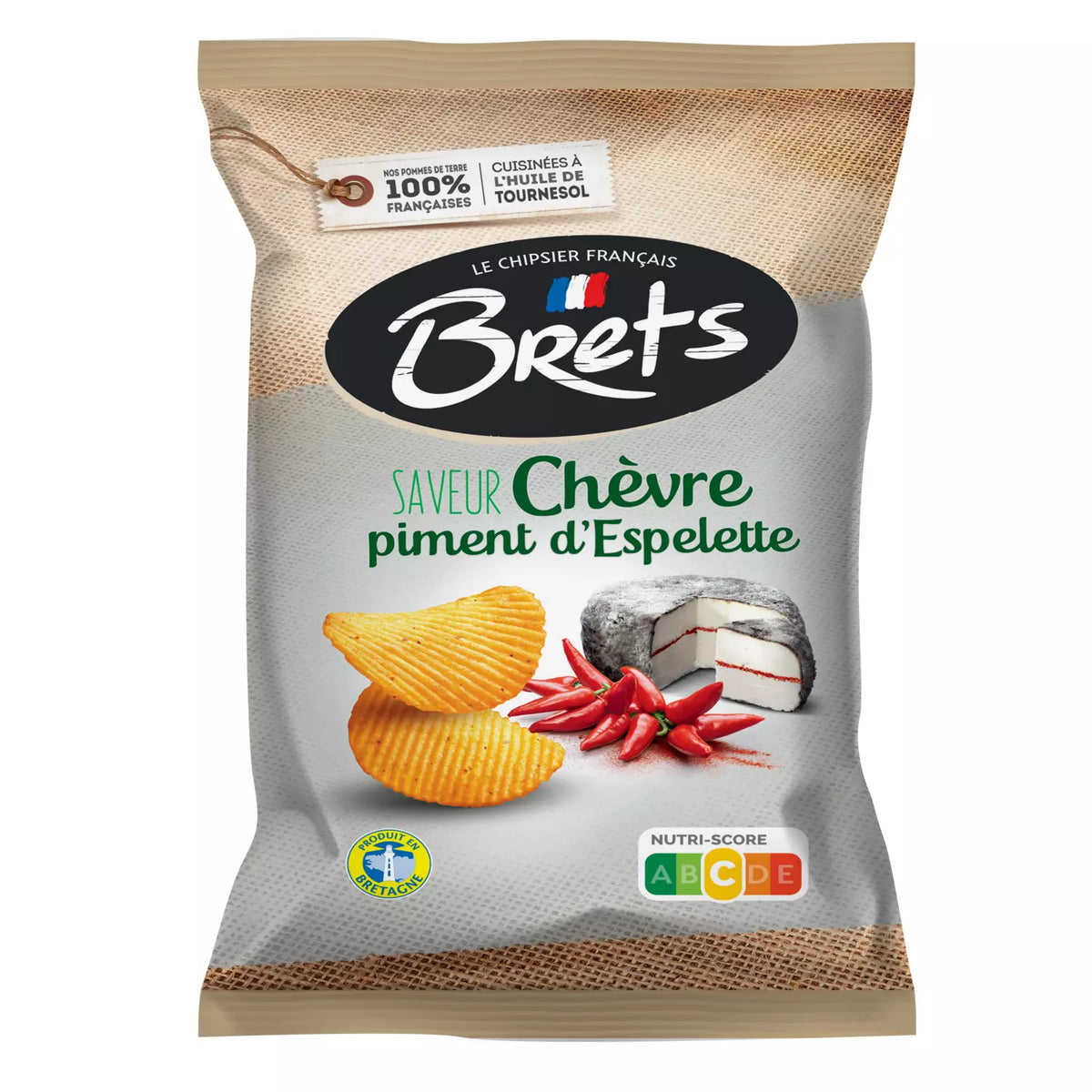 Emballage de chips ondulées BRETS saveur fromage de chèvre et piment d'Espelette, illustrant les chips, le fromage et le piment.