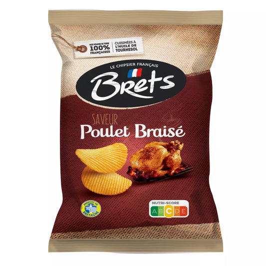 Packaging for BRETS Wavy Chips Grilled Chicken 125g, with an image of the chips and grilled chicken on the front.